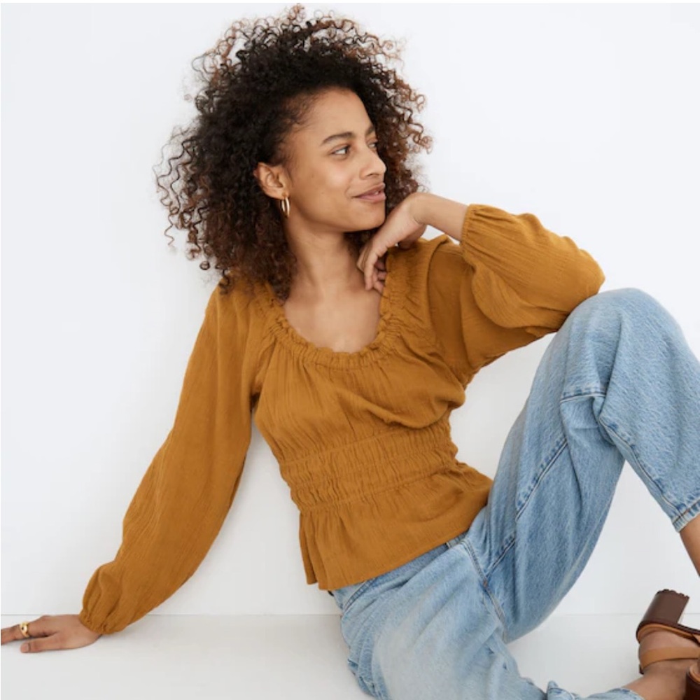 Madewell Mustard Smocked Peasant Blouse
